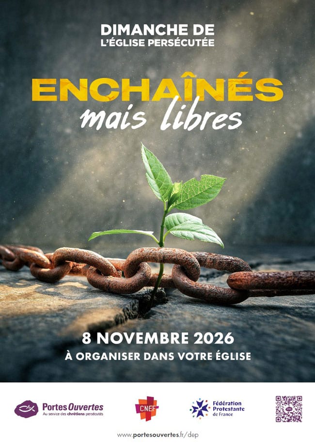 Affiche du Dimanche de l'Église Persécutée 2026 : « Enchaînés mais libres »